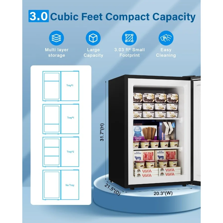 3.0 Cu.ft Upright Freezer Compact Mini Freezer with 7 Adjustable Thermostat Removable Shelves Reversible Single Door 360 Unifor
