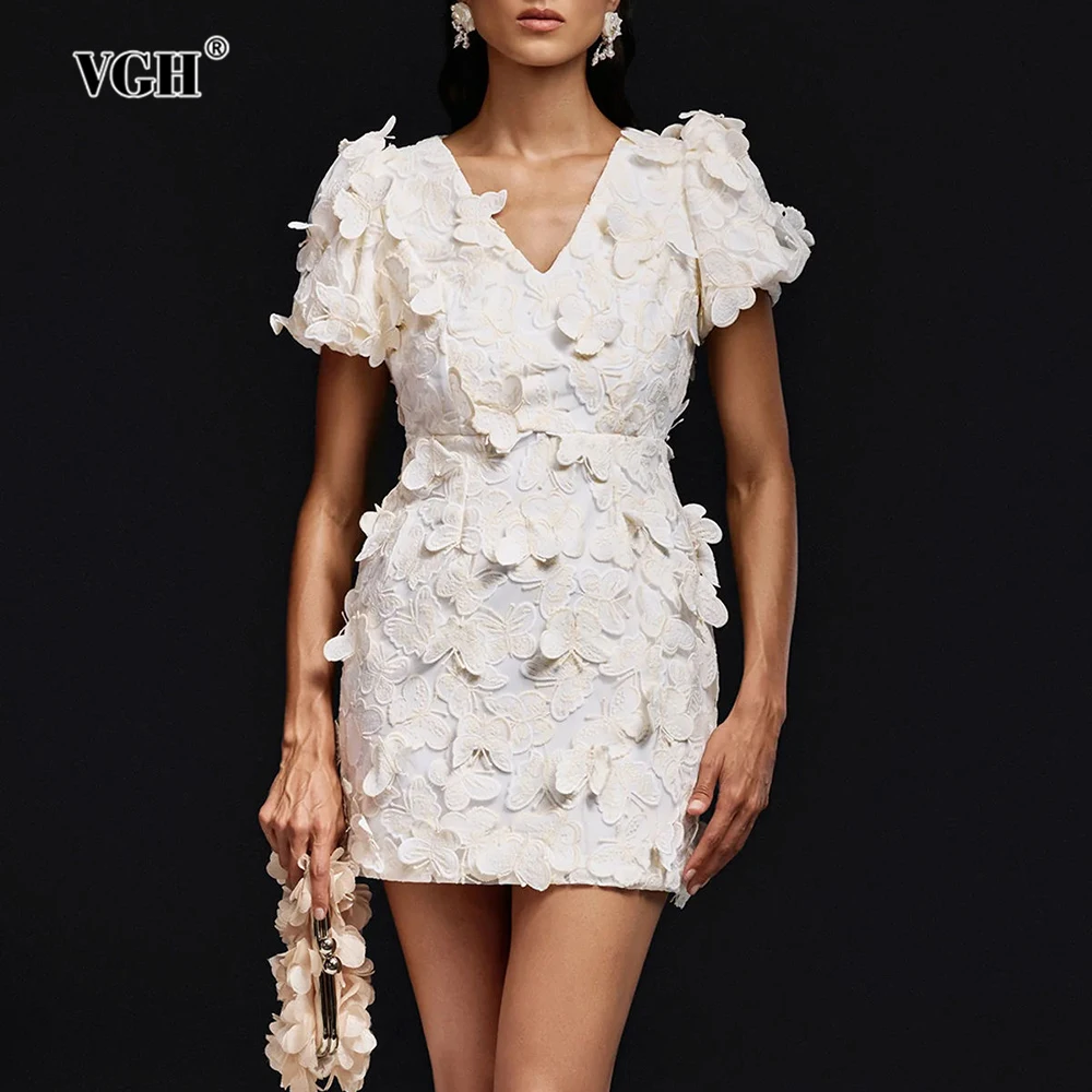 VGH 高級パッチワークアップリケ ボディコンワンピース レディース Vネック パフスリーブ ハイウエスト スリム ラグジュアリー ミニドレス 女性服