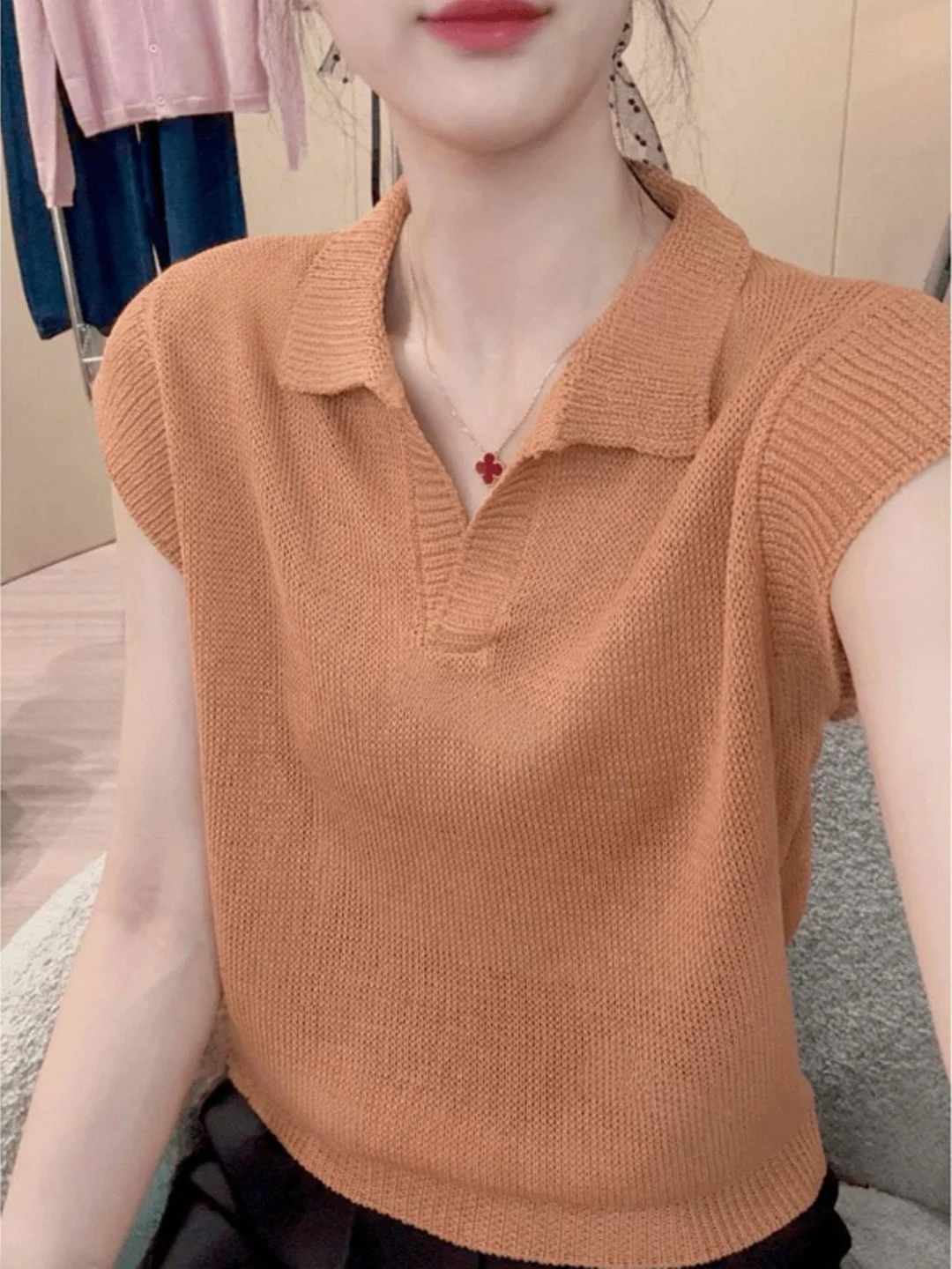 Klein Blue Knitted T-Shirt Women's Summer Fashionable Top Turn-down Collar Miniature Sleeve Korean Style Loose Fit  Color