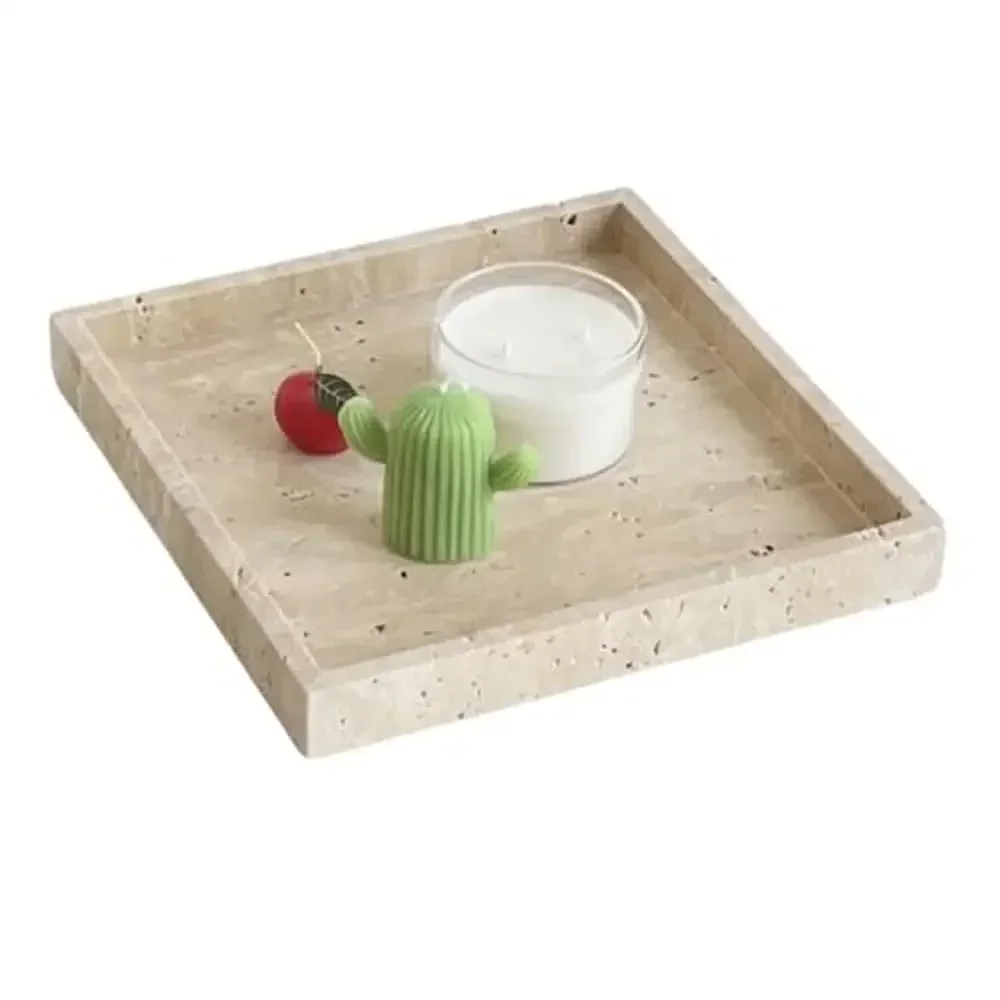 25x25x3CM Square Makeup Organizer Tray Bathroom Vanity Natural Marble Beige Vintage Travertine Stone Plate