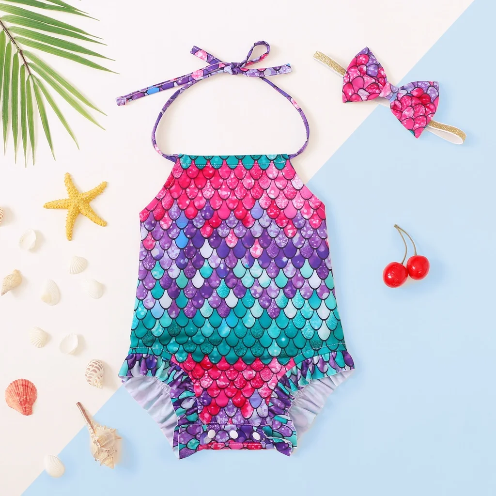 

Infant Baby Girls 2PCS Swimsuit Set Mermaid Sling Bodysuit with Headwear Fashion Summer Beach Wear for Toddler Baby 0-2 Years