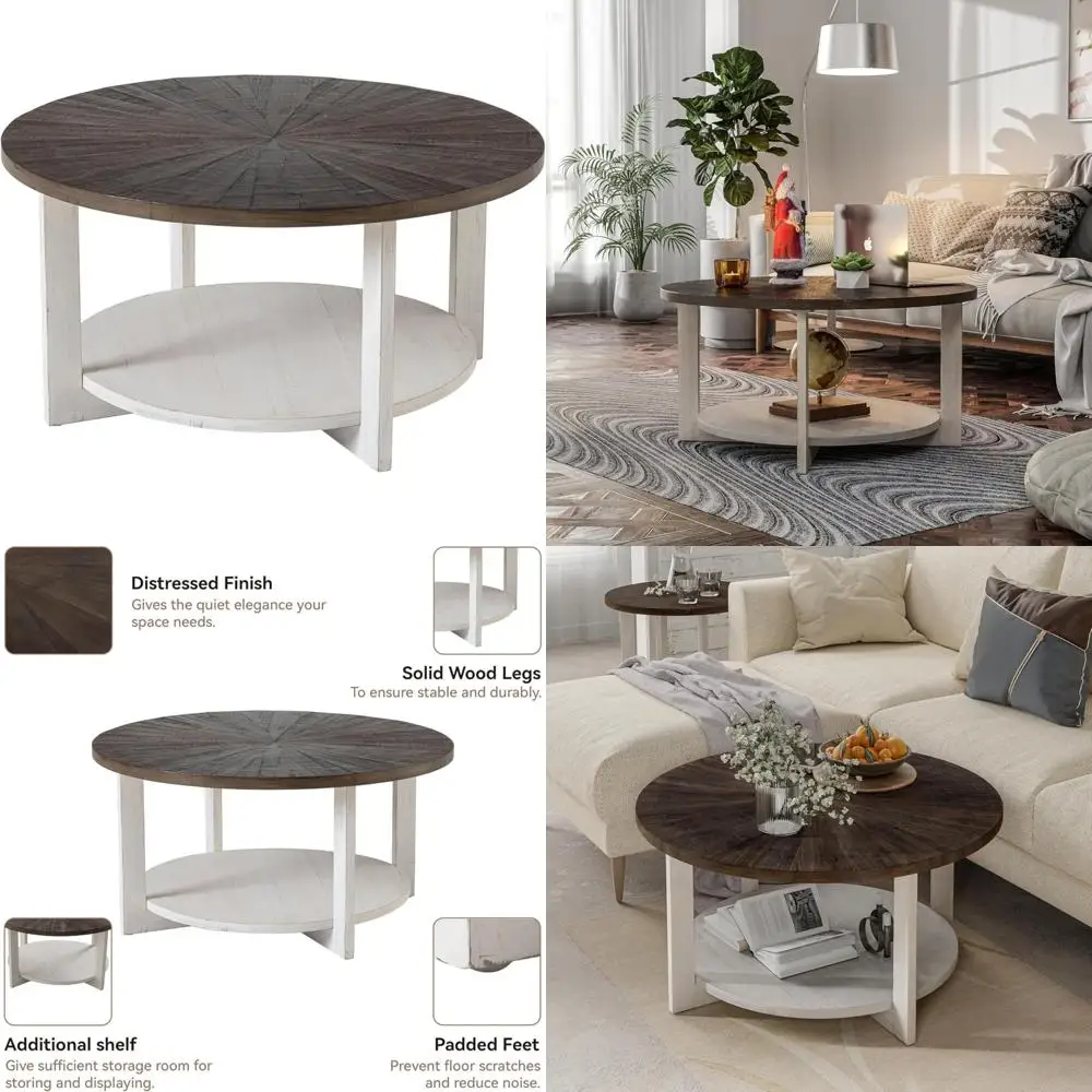 

Rustic Farmhouse Style Large Round Coffee Table with Storage, Distressed Wood Top for Living Room