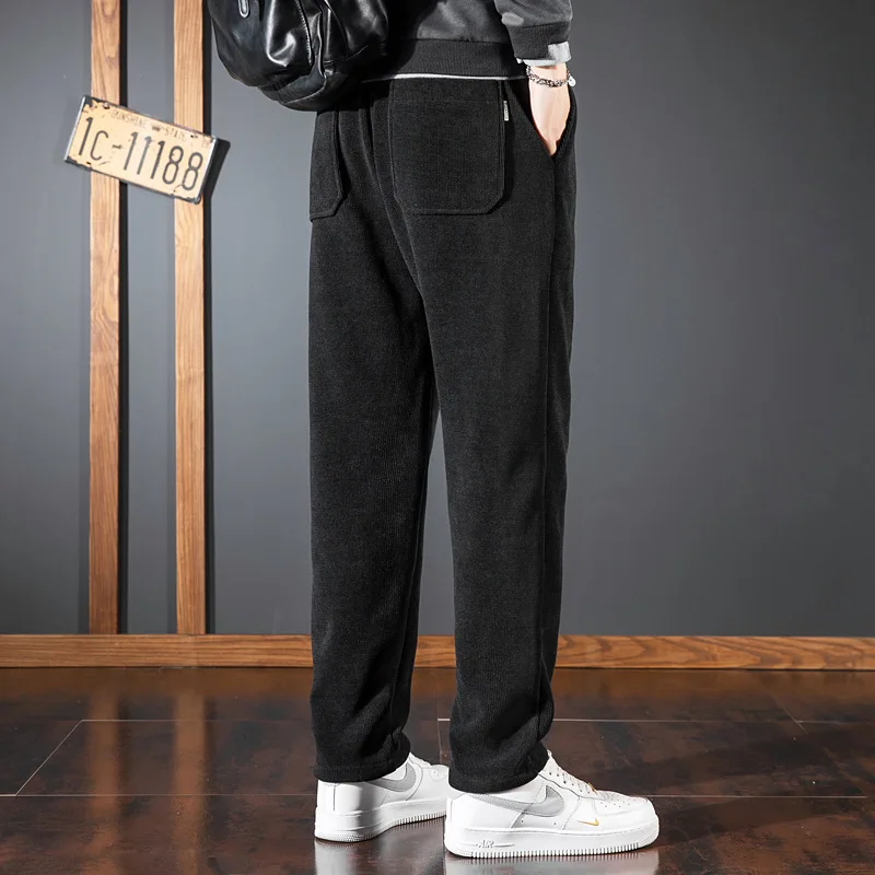 Men's Autumn Winter Chenille Thickened Fleece Corduroy Cargo Pants Drawstring Straight Leg Sports Sweatpants Fashion
