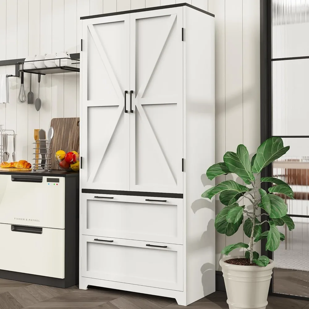 

71 Tall Farmhouse Kitchen Pantry Cabinet with Barn Doors and 2 Drawers,Kitchen Storage Cabinets with Adjustable Shelves,Storage