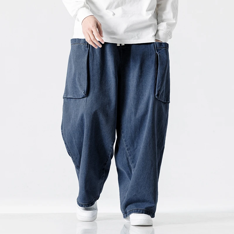 

Fashion Jeans Men Loose Wide Leg Pants Men Vintage Elastic Waist Cargo Jean Pants Male Hip Hop Big Pocket Trousers Streetwear