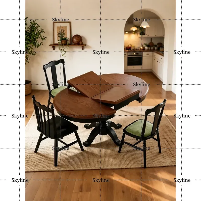 Maillard Solid Wood Dining Table French Retractable Foldable Round Table for Home Living Room Retro Variable Design