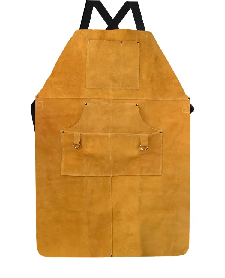 Brown Cow Split Leather Heavy Duty Multifunction Welding Apron 6 Pockets Flame Heat Resistant Customizable BBQ Safety Gloves