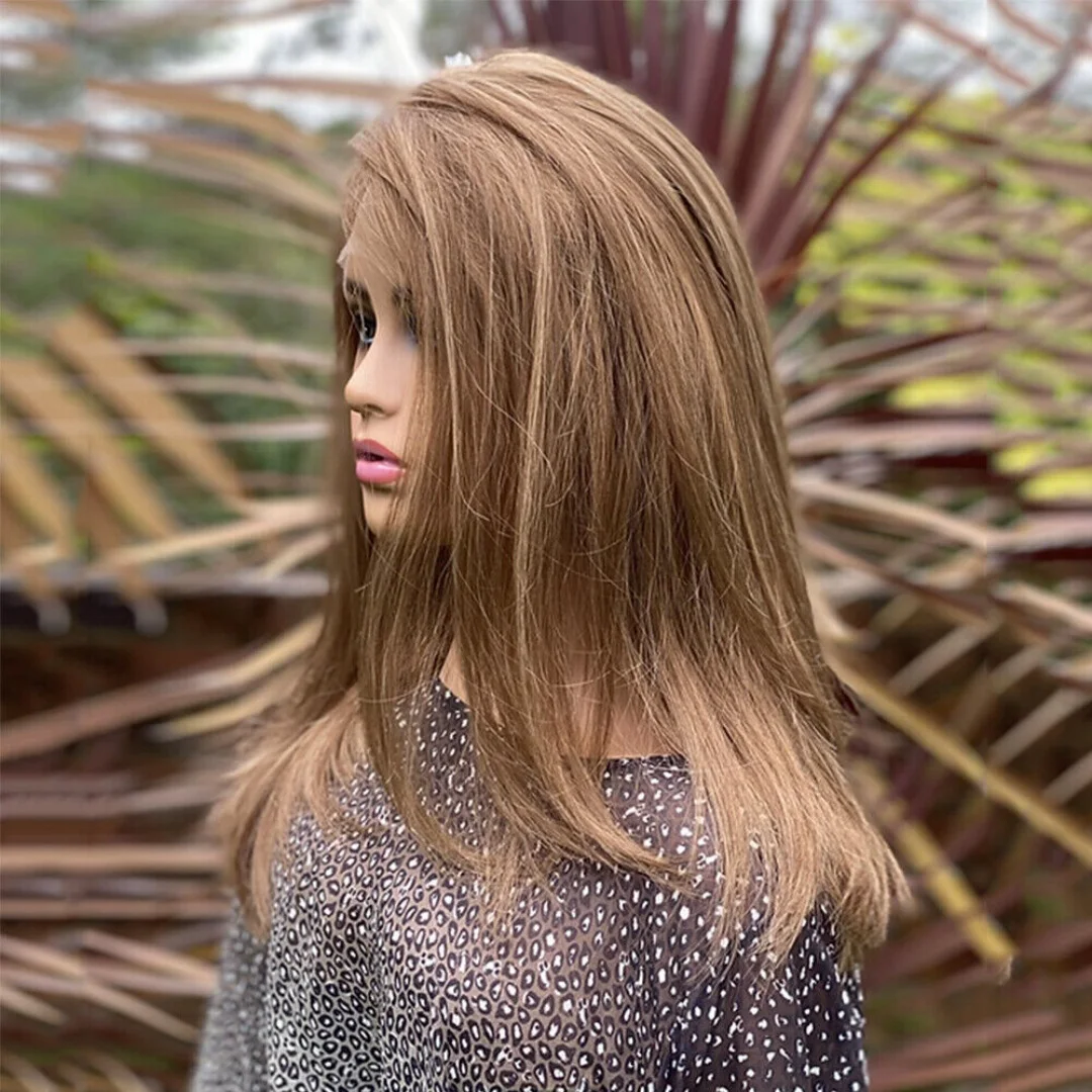 متوسط الكستناء براون مشمس طويل بوب شعر مستعار للنساء مستقيم الاصطناعية الملونة شعر مستعار واقعية نظرة طويلة يسلط الضوء على تسريحات الشعر