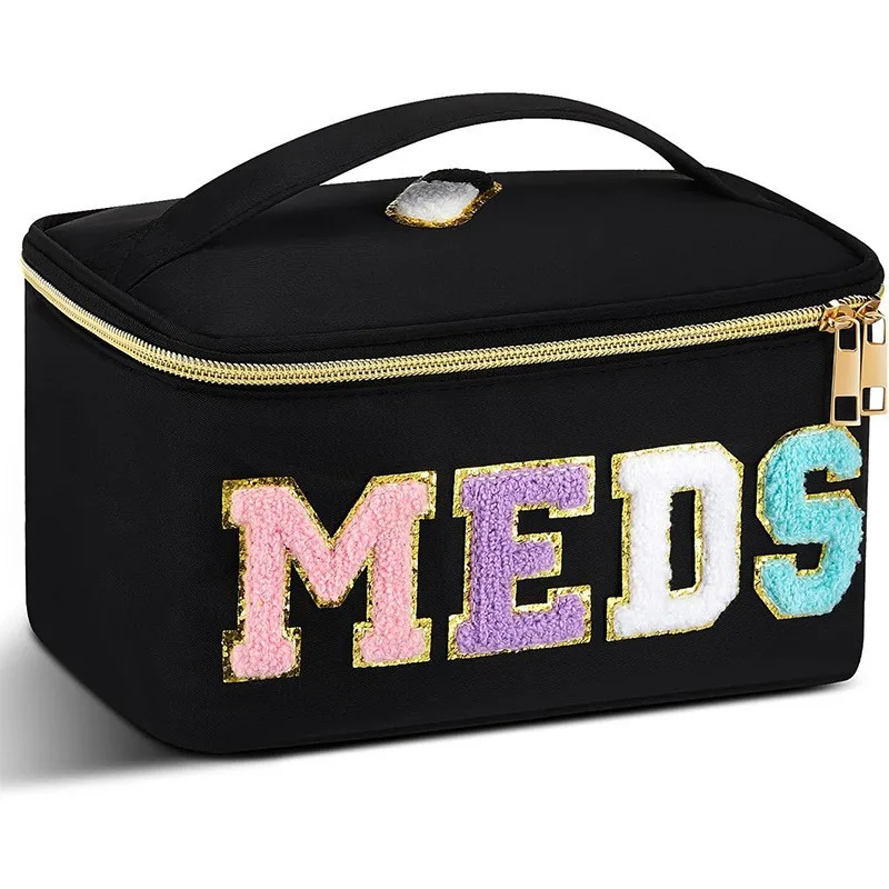 Largecapacity medicine box with letter embroidery,hand-washable toiletry bag,portable waterproof cosmetic storage bag for travel