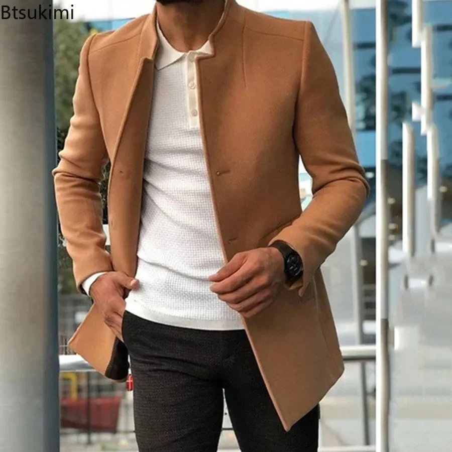 

2024 Autumn Winter Fashion Men's Woolen Coats Trend Solid Slim Single Breasted Lapel Long Suit Jacket Man Simple Casual Overcoat