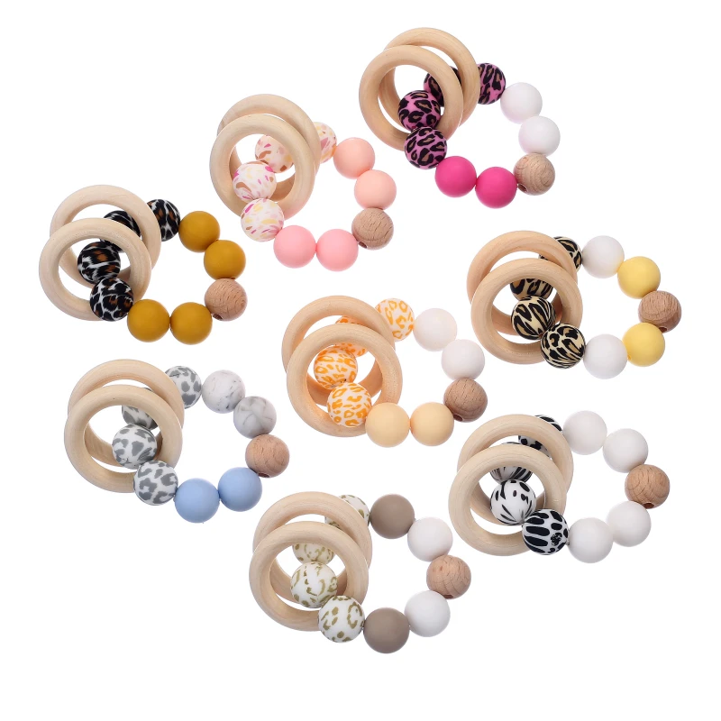 Baby Beech Wood Teething Double Rings Leopard Print Silicone Round Beads Bracelet For Nursing Baby Teether Rattle Toys BPA Free