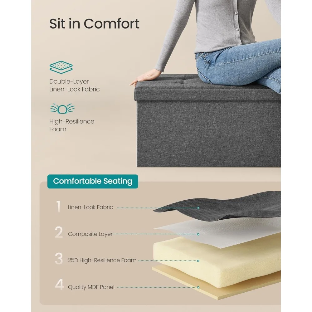 مجموعة SONGMICS MAZIE - مقعد عثماني للتخزين قابل للطي مقاس 43 بوصة، مسند قدم عثماني، نهاية مقعد السرير، صندوق تخزين، تحميل 66