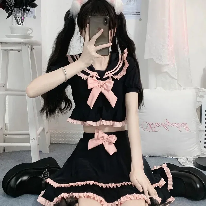 Traje de baño de dos piezas con cuello de marinero Sukumizu para niña, traje de baño negro con volantes de Lolita, conjunto de falda y Tops