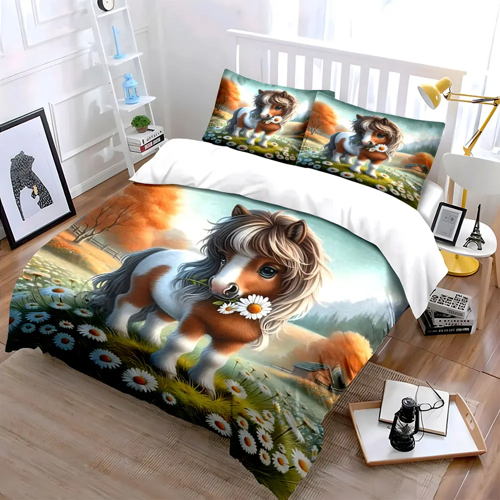 Pony with Daisy in Field Duvet Cover Set with 3D Printing Design Soft Polyester Bedding Set All-Season Comfort Machine Washable