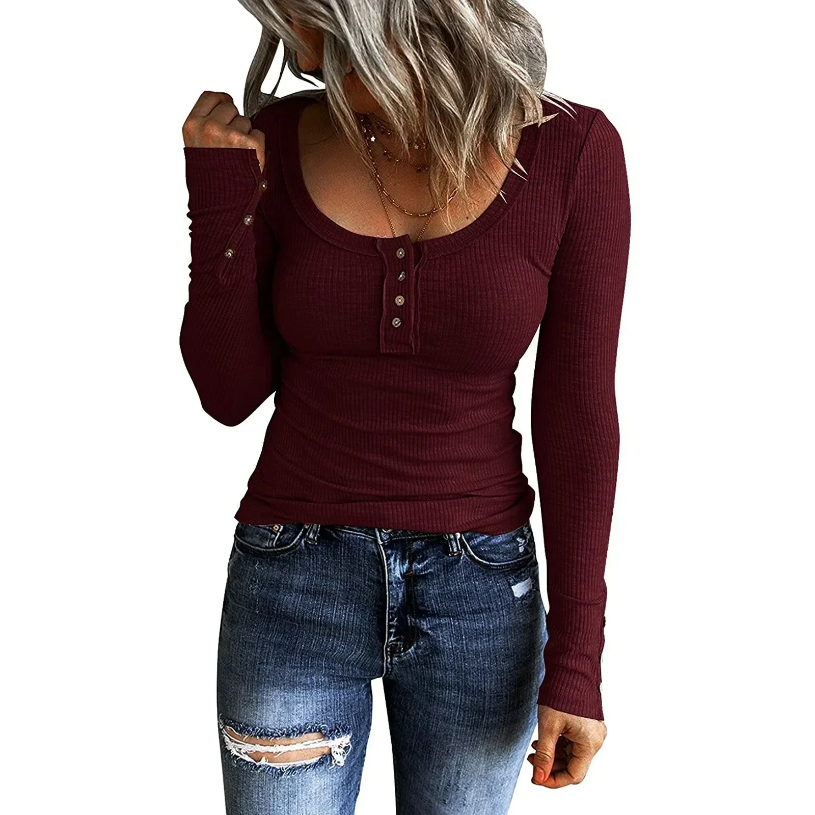 Women\'s Button Color V-neck Long Sleeve T-shirt Top Blouse Tee Solid Color Sexy Slim