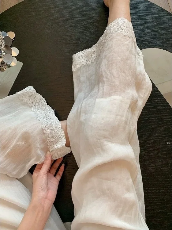 

Ele Embroidered Wide Leg Cotton Linen Pants Loose Fit Casual Summer Thin Sle plus Size Women's Clothing Slimming Effect