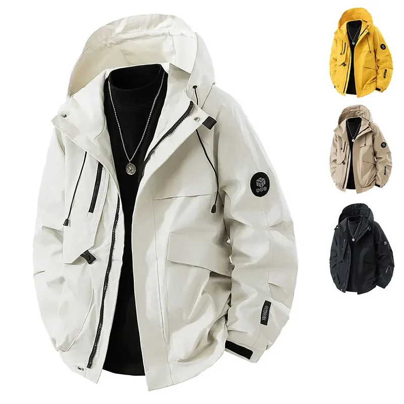 

Men's Spring Outdoor Hooded Jacket Windproof Rainproof Mountain Climbing Coat Multi-Pockets Cargo Travel Jacket Male Windbreaker