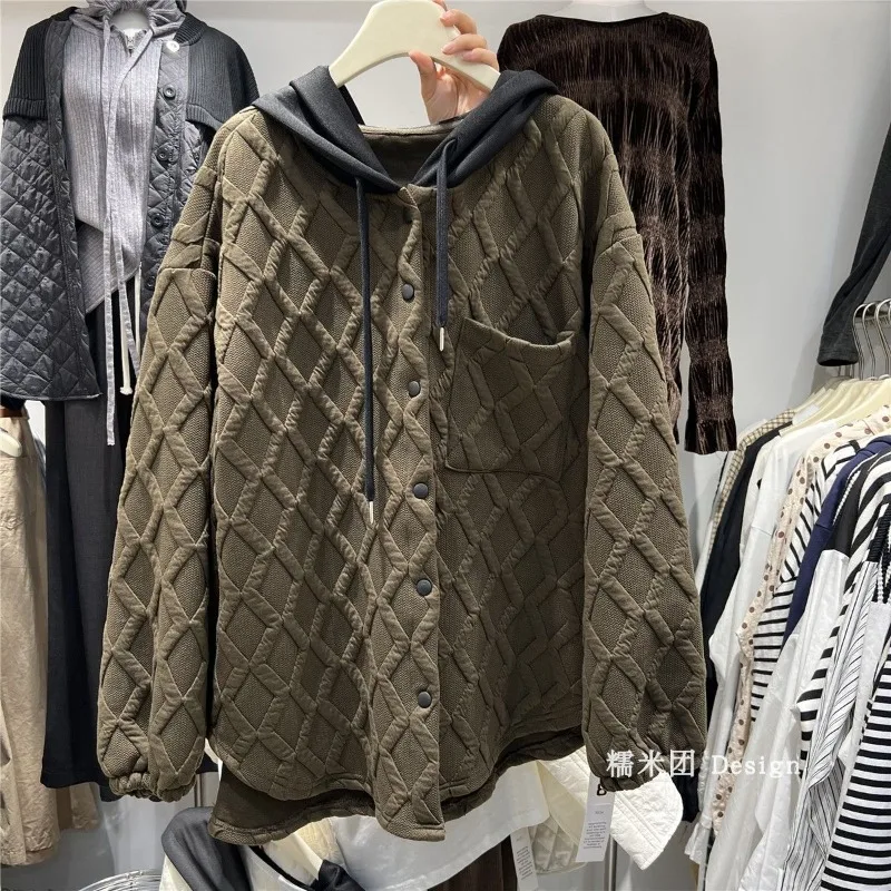 Women Color Block Hooded Jacket Diamond Textured Fabric Loose Button Down Casual Outerwear For Autumn