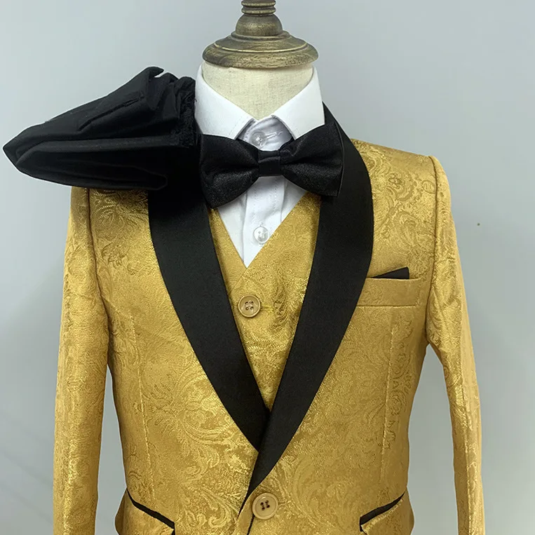 Children Golden Jacket Vest Pants Bowtie 4 P Groom Suit Boys Formal Wedding Photograph Dress Children Evening Dinner Blazer Wear