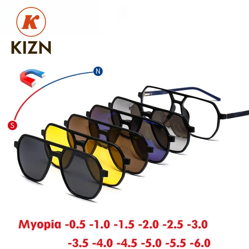 

KIZN Спортивные солнцезащитные очки для близорукости в большой оправе 2025 6 в 1, поляризационные очки по рецепту с магнитным зажимом для мужчин и женщин, очки от -0,5 до -6,0