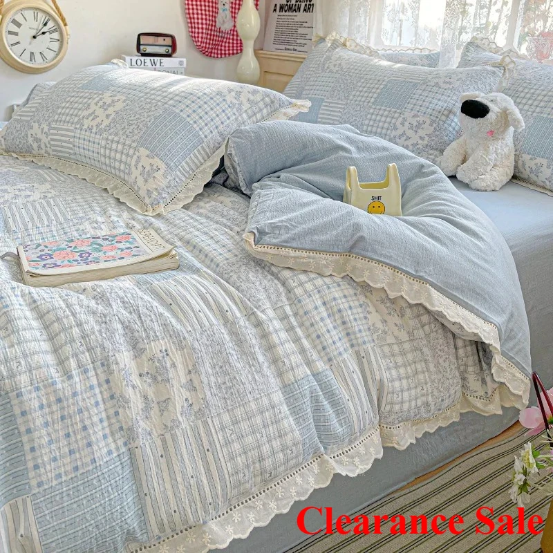 

Small fresh printing French lace lace double four-piece set bedding wrinkled yarn student three-piece set