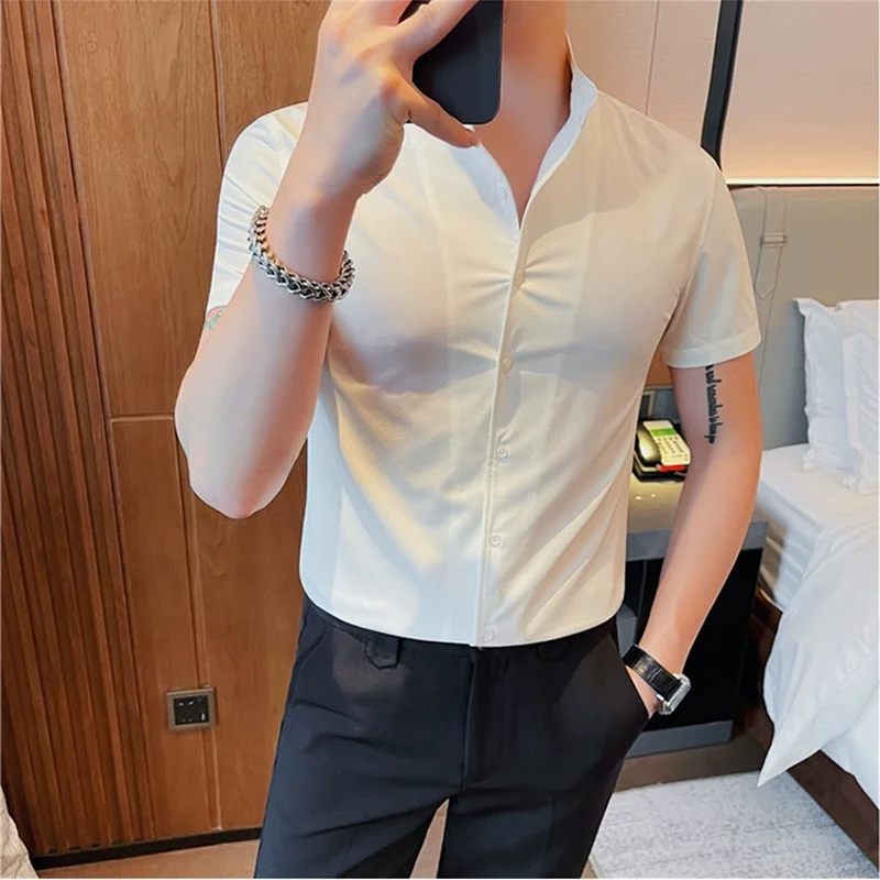 

Men's Summer Fashion Stand Collar Business Casual Short Sleeve Shirt Luxury Slim Fit Solid Dress Shirt Brand Men Clothes 5XL-M