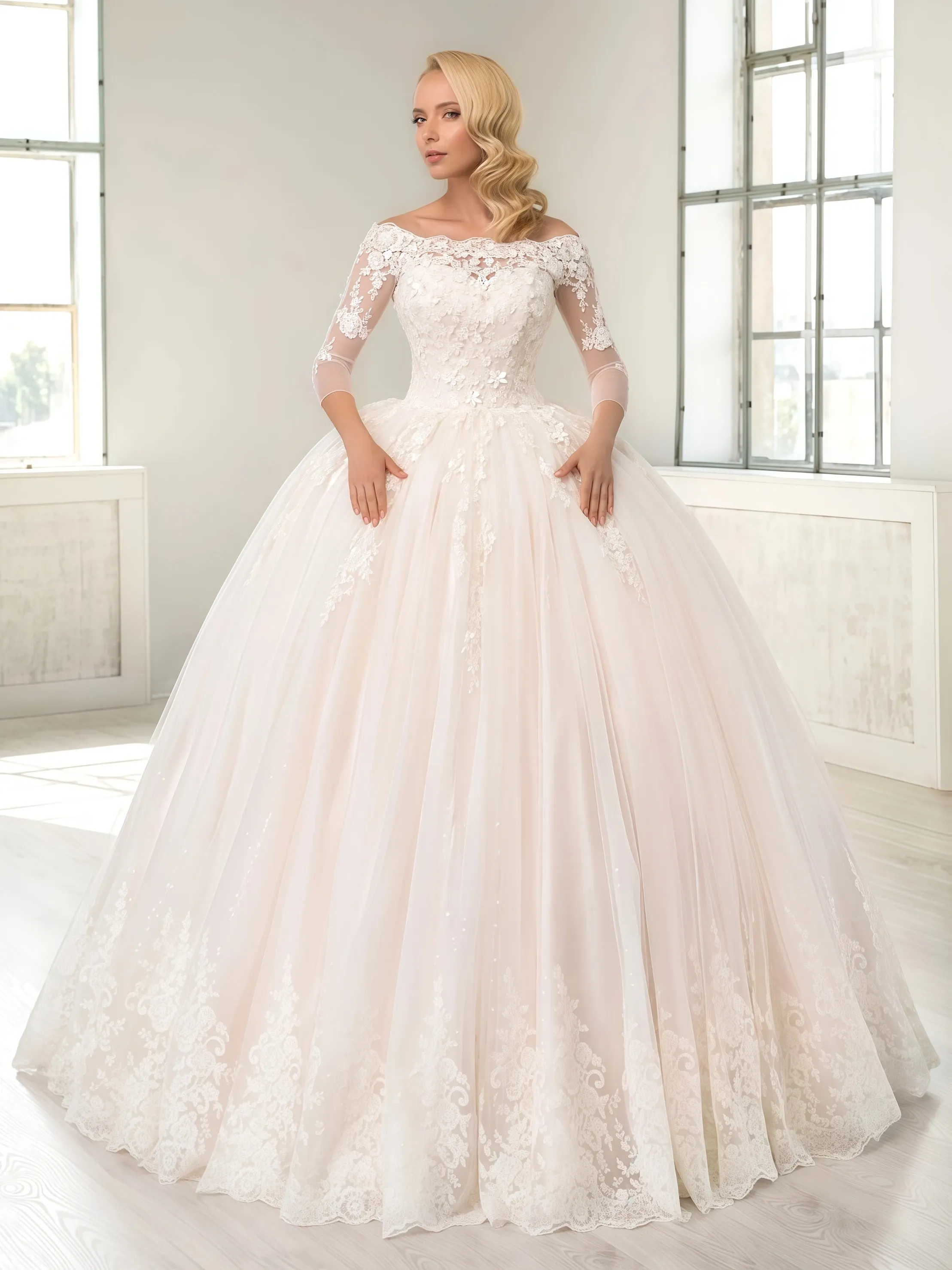 맞춤형 우아함 뉴 클래식 보트넥 볼 가운 웨딩드레스 꽃 비즈 장식 트레인 프린세스 신부 드레스