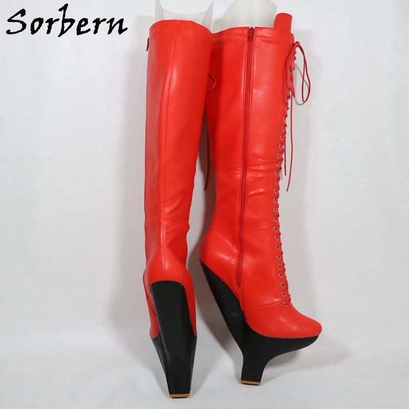 Sorbern Red Matte Hard Shaft Boots For Women Small Heels Knee Hjigh Lace Up Fetish Cosplay Boots Custom Colors
