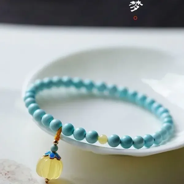 2025 Natural Raw Ore High Porcelain Blue Turquoise Bracelet Optimization to Send Girlfriend Beeswax Pumpkin Slim Hand String