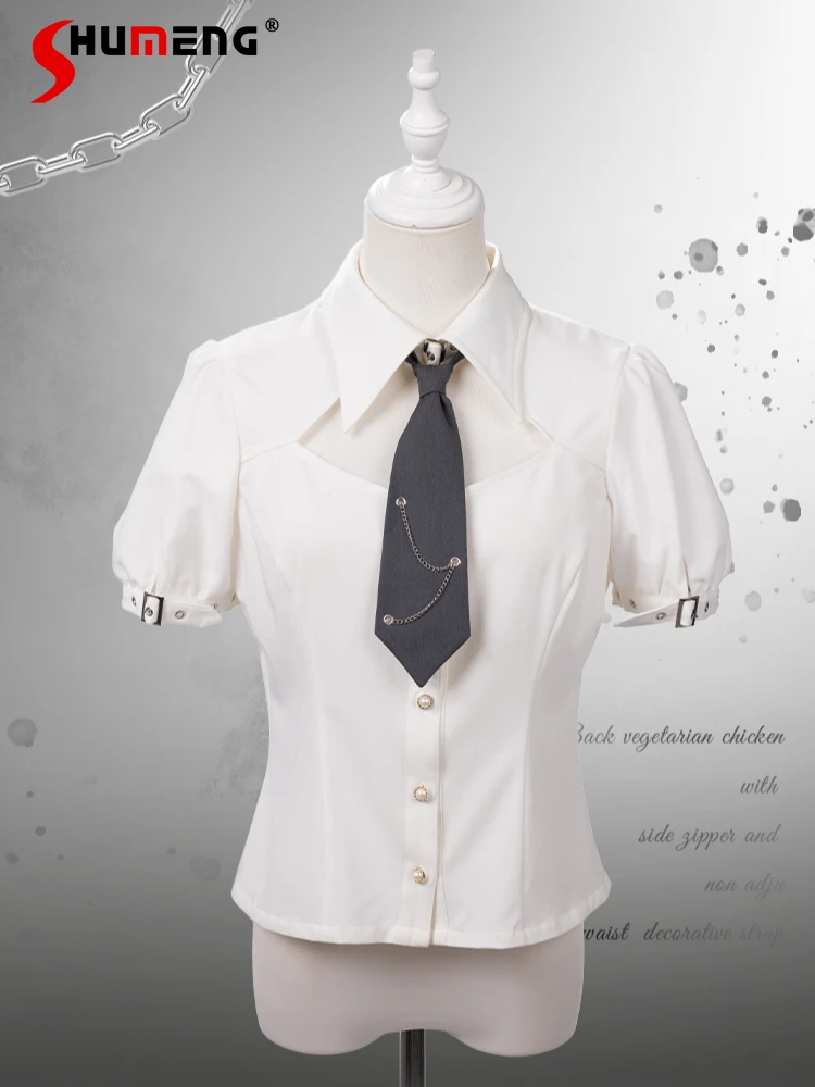 Japanese Preppy Style Hollow Polo Collar Tie Puff Sleeve Single-breasted Sweet Cute Lolita White Inner Shirt Top Women Summer