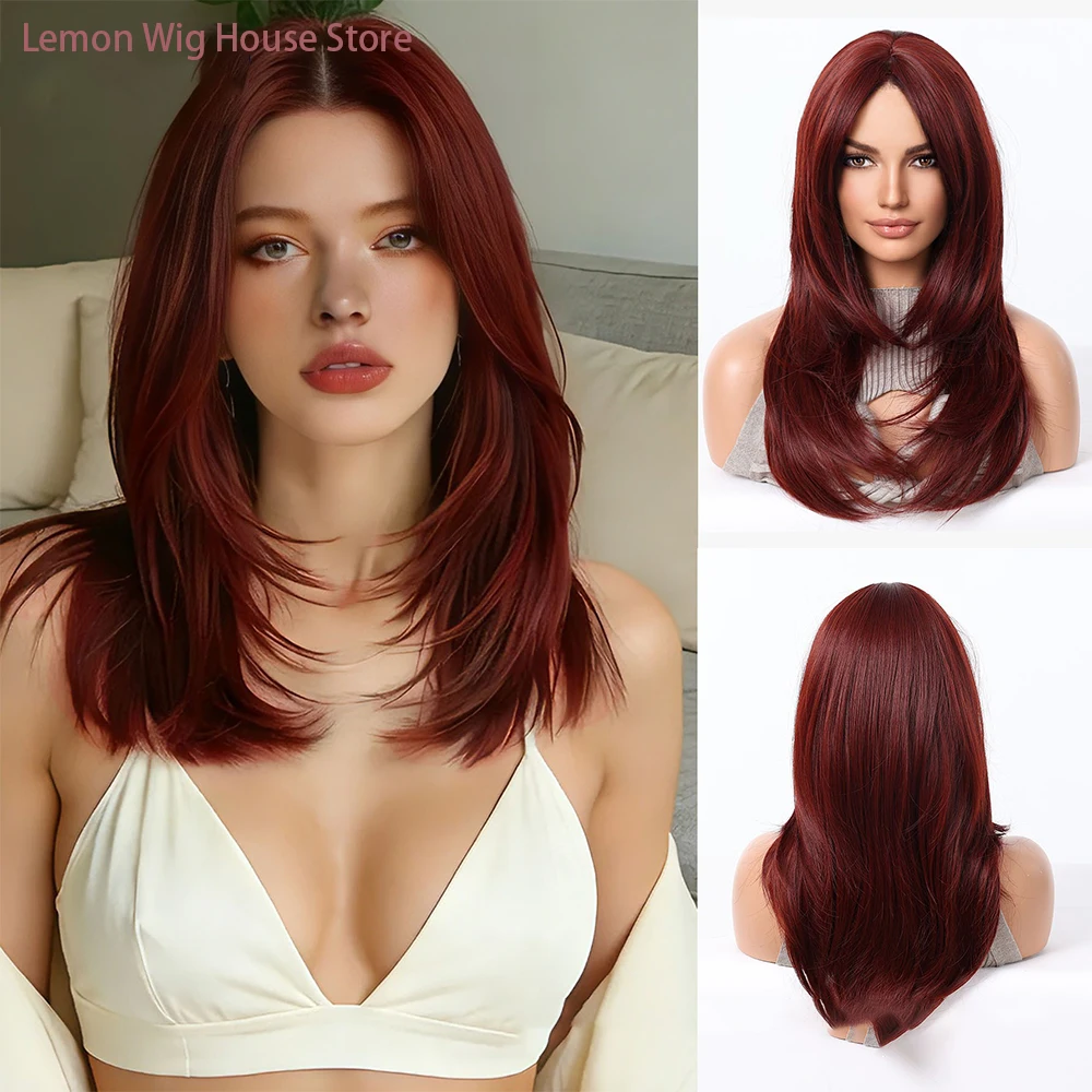 Reddish Brown Synthetic Wig Natural Layered Hair Wigs for Women Daily Party Cosplay Wig Medium Long Straight Hair Heat Resistant