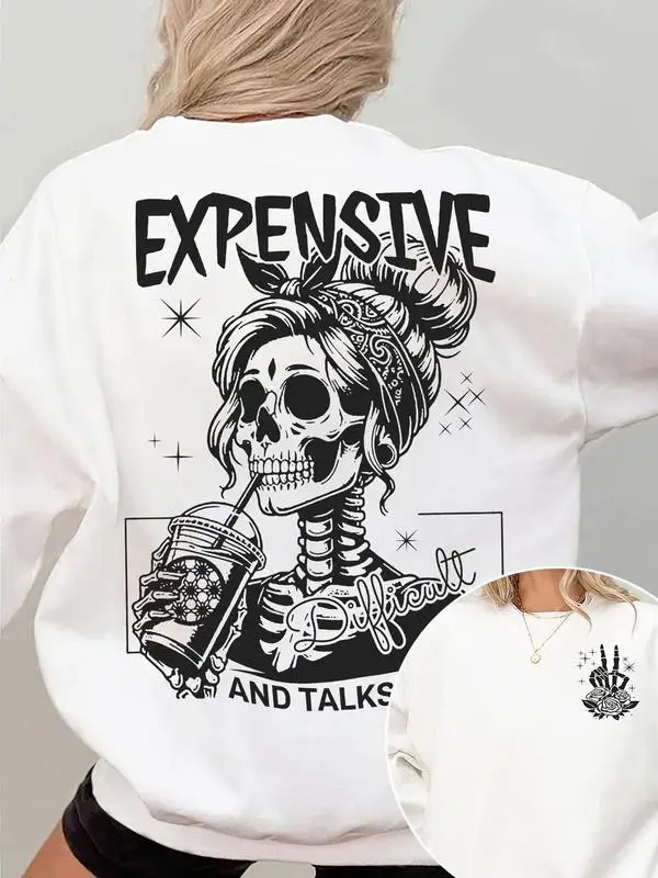 

Women's Letter & Skeleton Print Drop Shoulder Sweatshirt Fashion Casual Long Sleeve Crew Neck Pullover for Daily Holiday