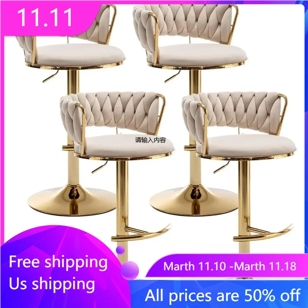 4-piece gold bar stool set, counter height low back bar stool, kitchen island 360 ° rotating bar stool,