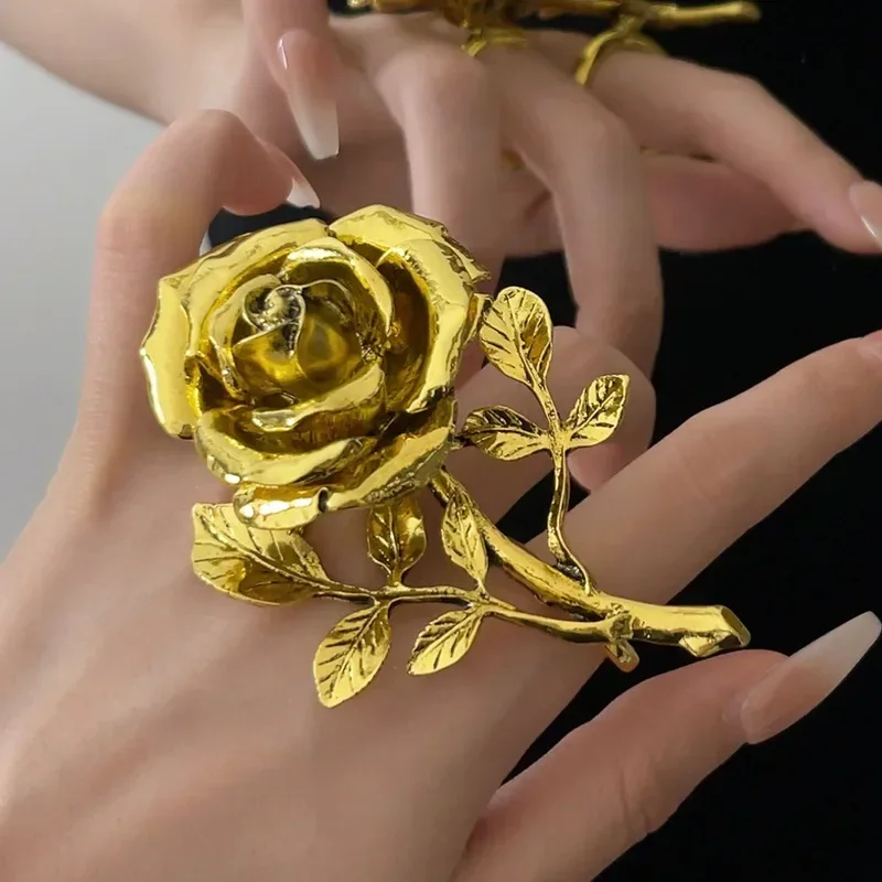 

Retro three-dimensional rose flower long exaggerated personality ring