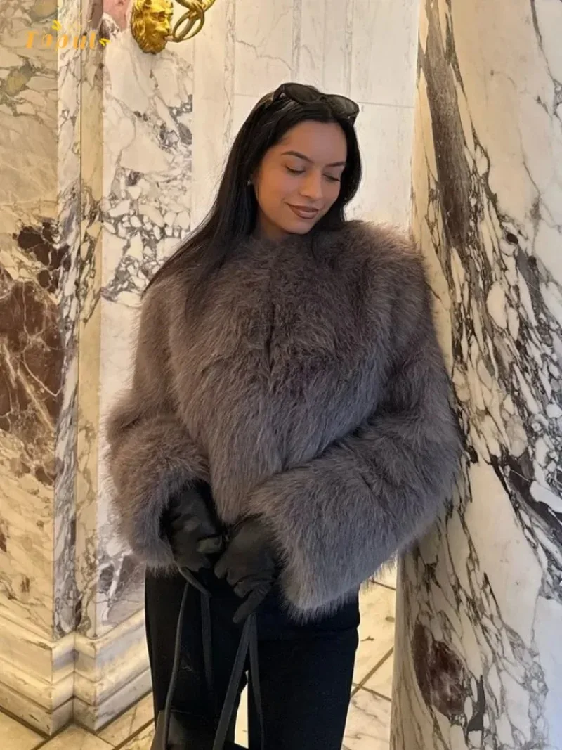 

Серая пушистая куртка из искусственного меха для женщин, элегантное укороченное пальто с круглым вырезом и длинными рукавами, зимняя женская уличная толстая верхняя одежда