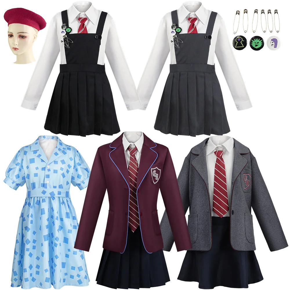 

Matilda The Musical School Uniform Cosplay Costume Blue Check Dress with Red Stripe Tie for Kids Girls Halloween Carnival Party
