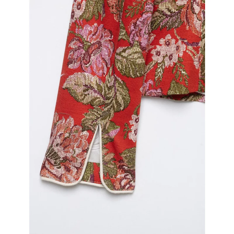 2026 Frühling Herbst Neue Damen Blumen-Jacquard-Print Stehkragen Kurzer Blazer Langarm mit Taschen Vintage Blumen-Anzugjacke – Detail 12