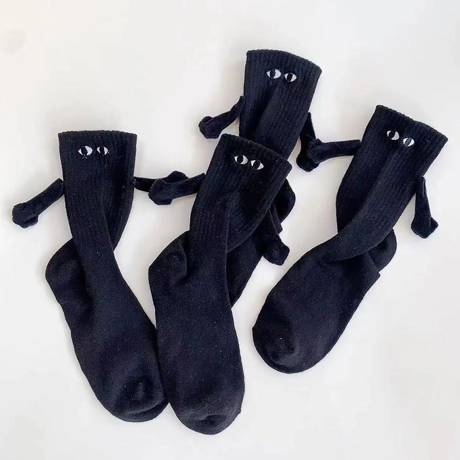 1pair Kawaii Women Socks Long Sock Black White Couple Holding Hands Socks Girls Sweet Harajuku Doll Couple Cotton Couple Sox