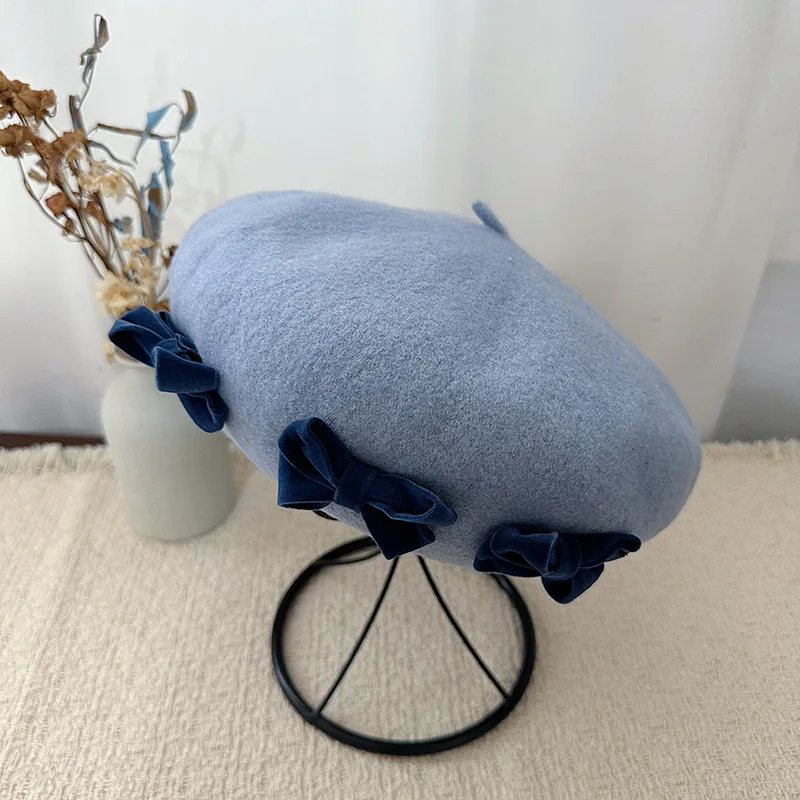 Koreanische Version Wollmischung Süße Baskenmütze für Damen, Herbst- und Winter-Samtschleifendekoration, Elegante Warme Malermütze – Detail 6