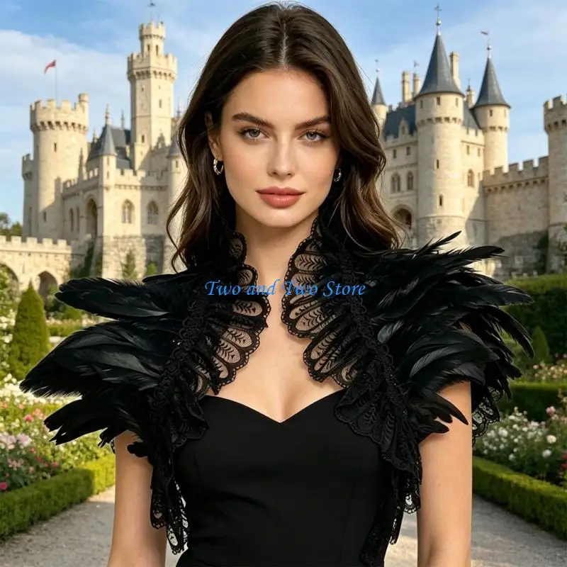 HX6F Costume Shoulder Shrug with Lace Collar and Layered Panels for Stage Show Photo Styling and Party Looks