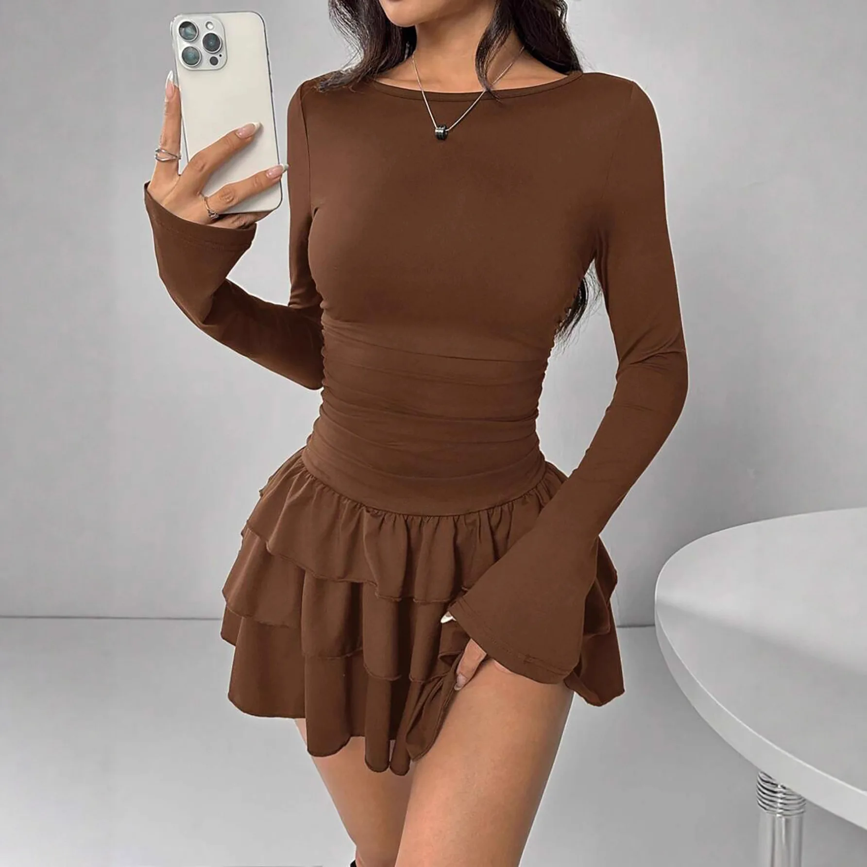 

Women's Mini Dress 2026 Spring Dress Solid Color Slim Fit Elegant Long Sleeve Premium Dress