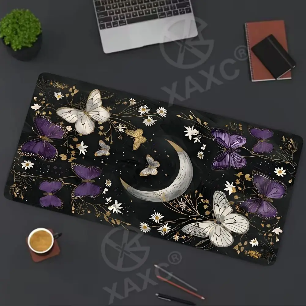 XAXC Moon Phases Desk Mat Black Cottagecore Pale White Roses Butterflies Star Witchy Pagan Large Mousepad Occult Wicca Mouse Pad