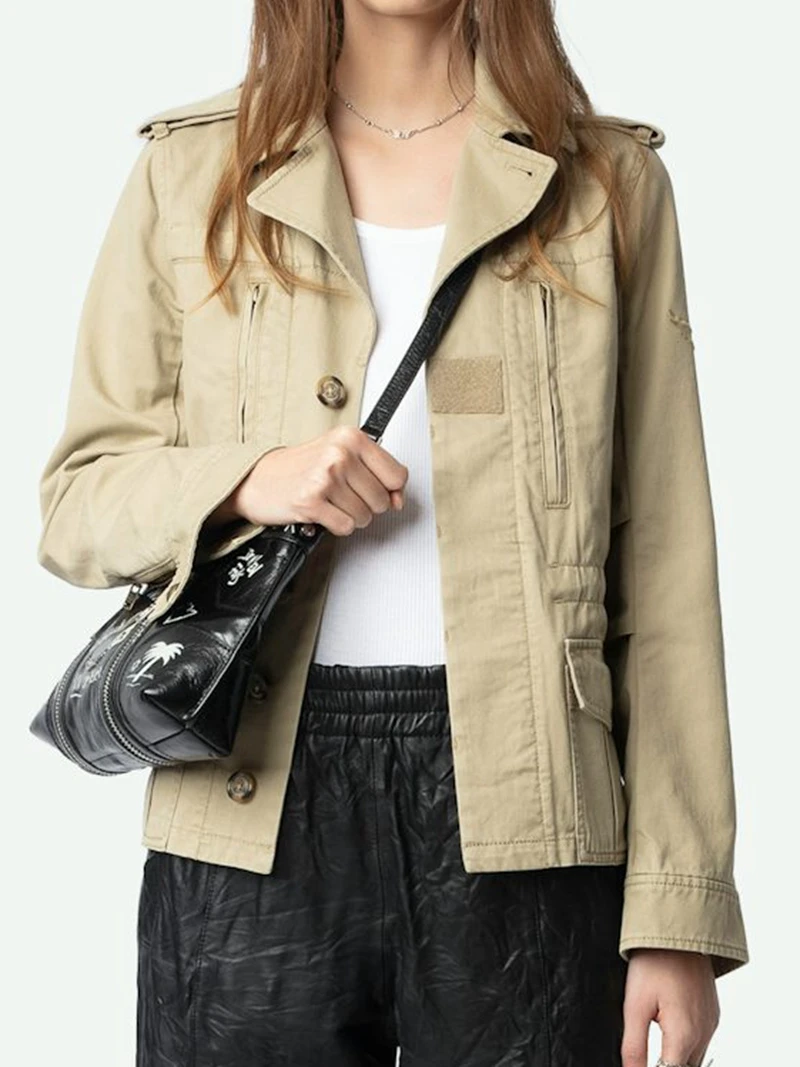 Vintage Women Cotton Cargo Jacket Khaki Lapel Buttoned Coat Casual Long Sleeve Safari Outerwear