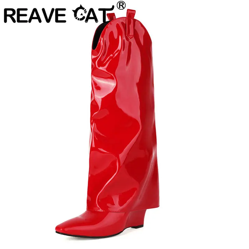 

REAVE CAT/женские сапоги на танкетке с острым носком, без шнуровки на каблуке 8 см, 42, 43, 44, 45, модные женские сапоги до колена