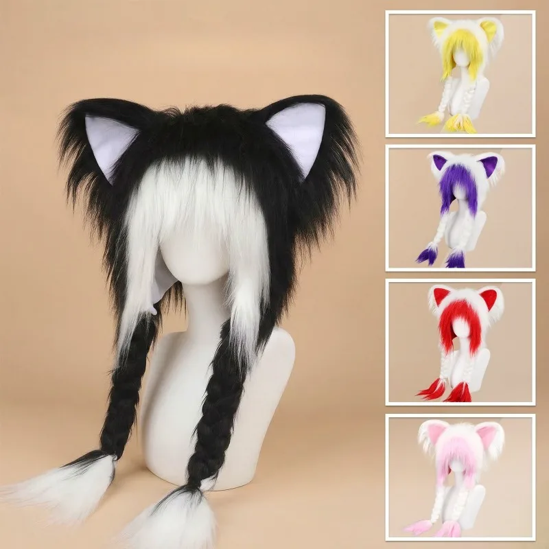 

Handmade Plush Fursuit Cat Ears Hat Halloween Party Cosplay Accessories Fur Headwear Plush Warm Hat Y2k Headgear for Women Men