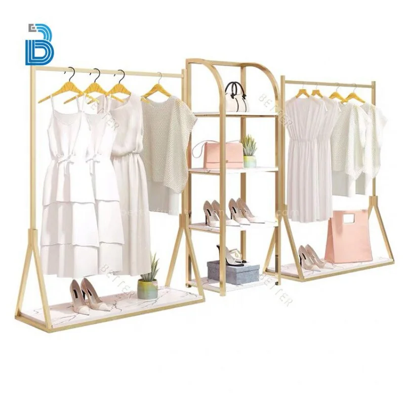 Gold Metal Clothing Rack, prateleira para loja de roupas, exibição