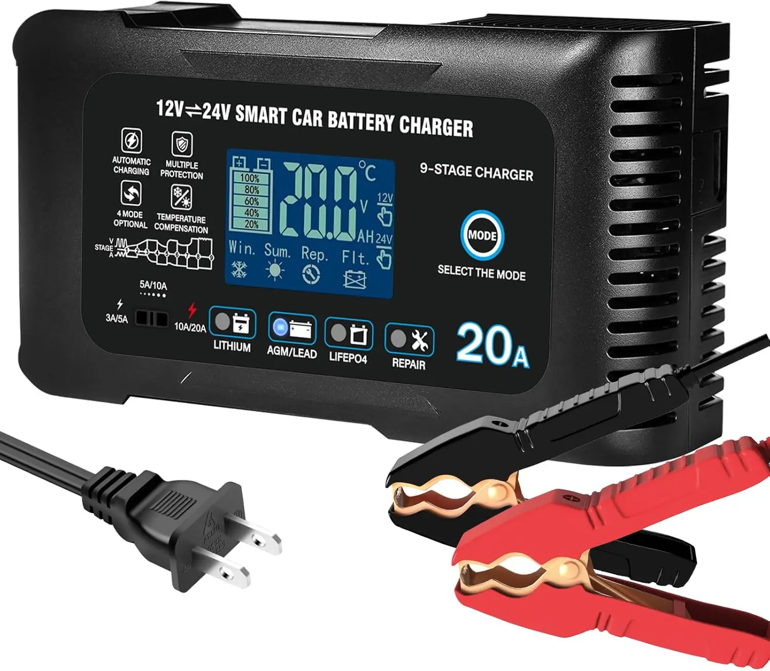 

Smart 12/24V Car Battery Charger with Auto Maintenance, Trickle Charge & Desulfator for Lead-Acid/Lithium/LiFePO4 Batteries