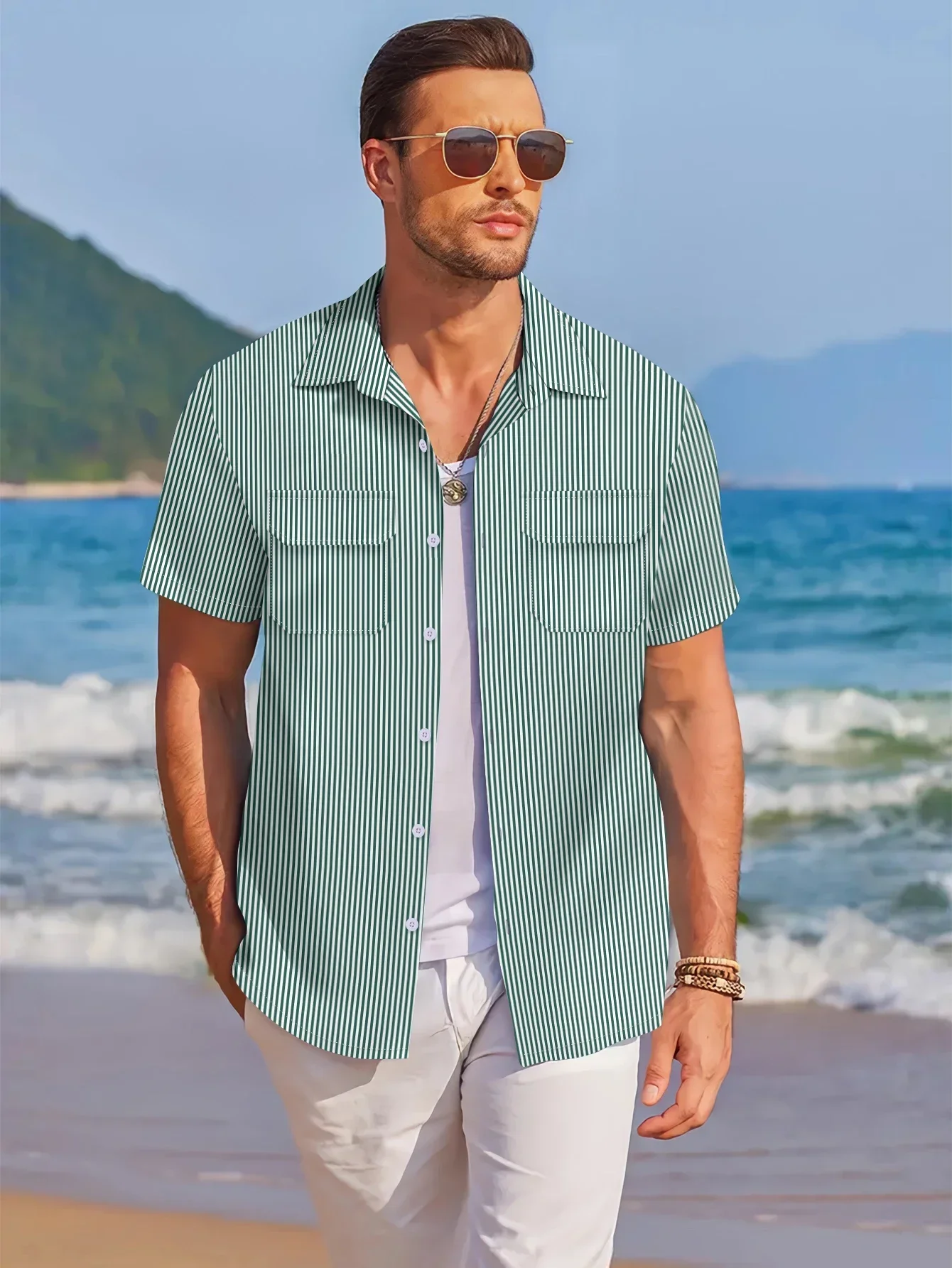 Cool summer new men's casual beach style lapel pocket button top, comfortable solid color pinstripe fashion loose Hawaiian cardi