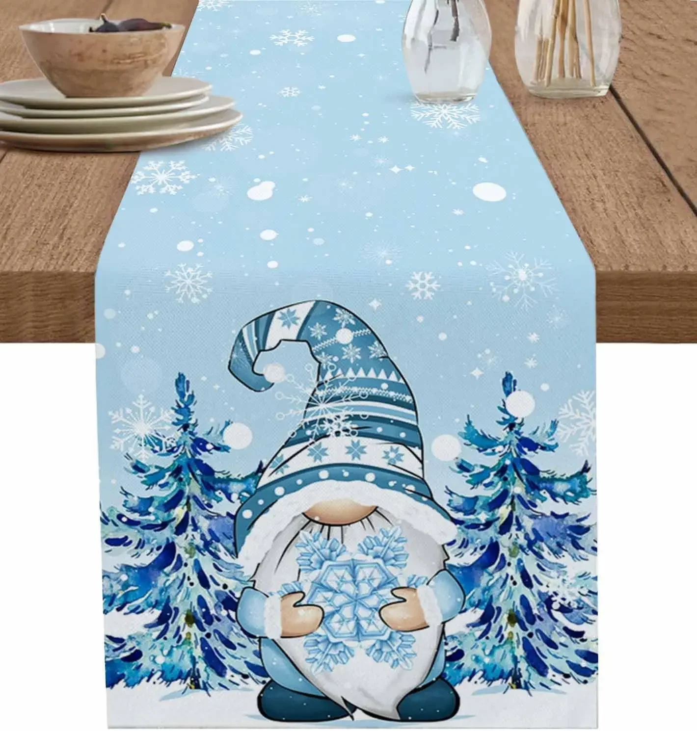 Christmas Blue Pine Tree Gnomes Linen Table Runners Dresser Scarves Table Decor Washable Dining Table Runner Navidad Decorations