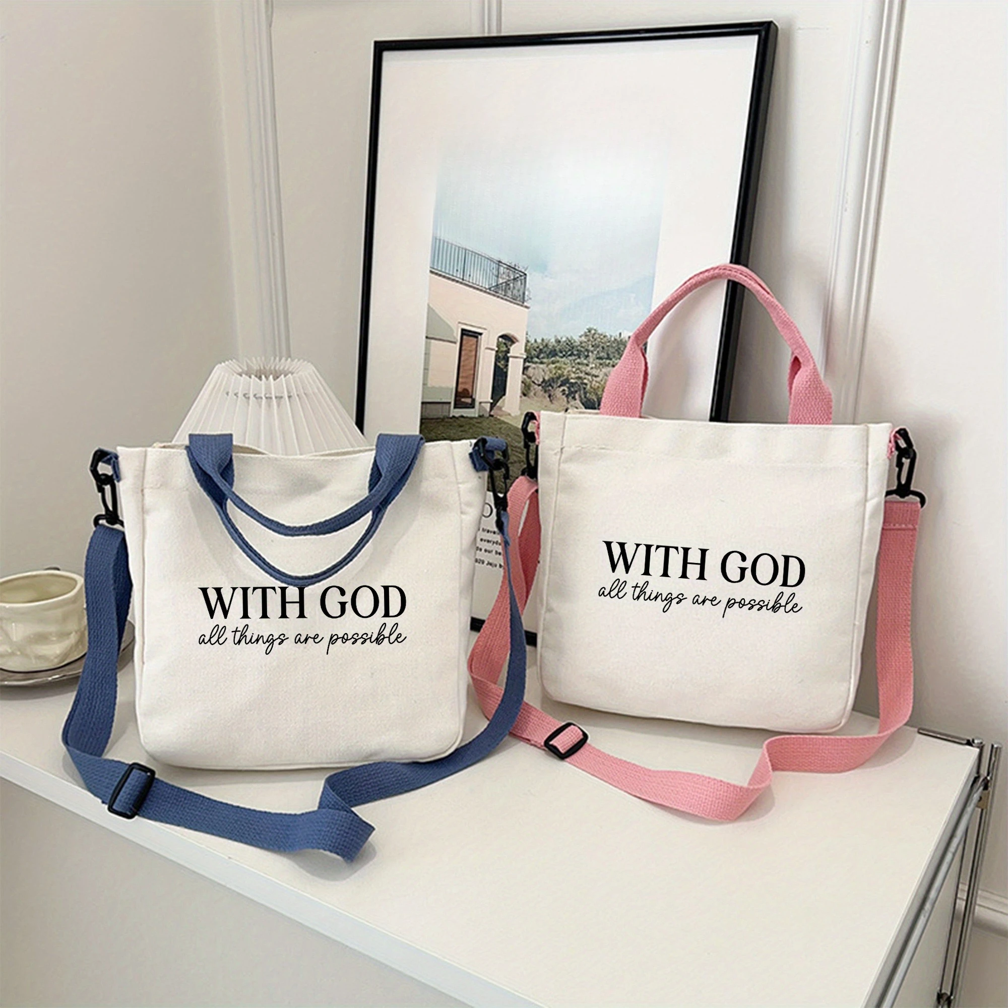 

"With god" Print Canvas tote bags women Playful Design Crossbody Handbag for Daily Use jesus Christianity Commuter shoulder bag